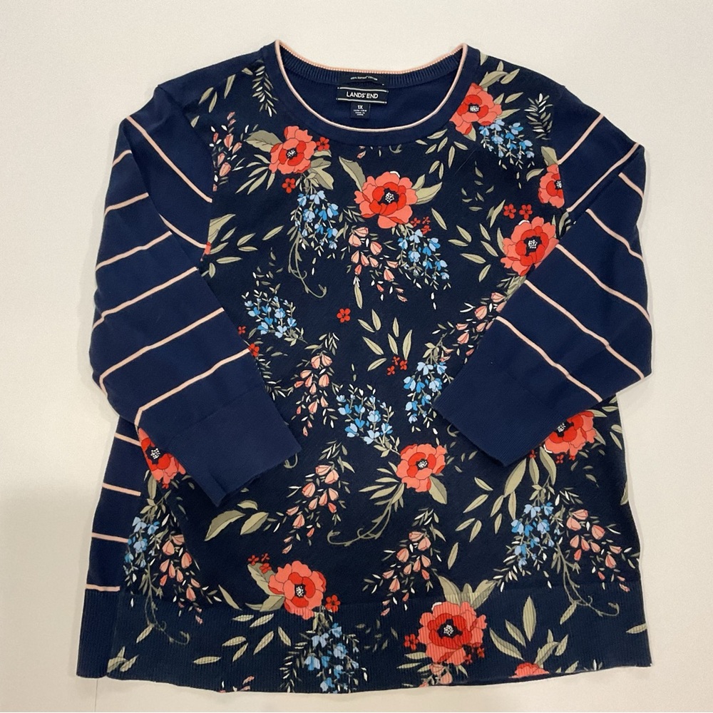 Lands' End Supima Cotton Navy Floral Scoop-Neck Top with Coral Accents